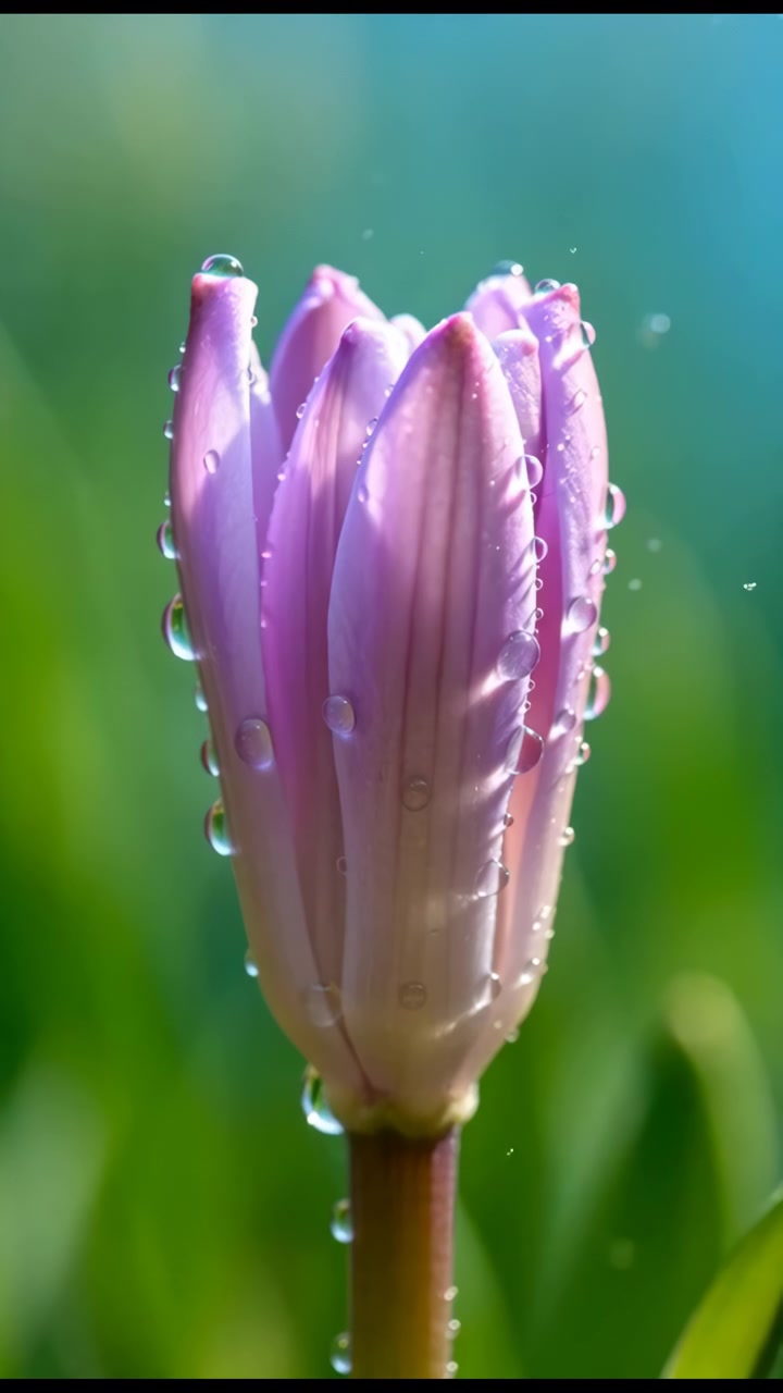 Primo piano di un singolo bocciolo di tulipano viola coperto di gocce di rugiada, centrato su uno sfondo sfocato e morbido di un giardino verde e blu con una delicata luce naturale.