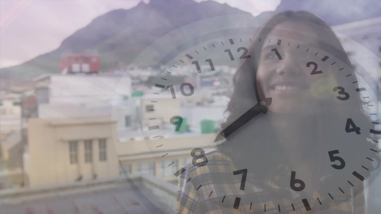 Rooftop woman facing camera as tech clock overlay appearing sweeping shifting gaze showing optimism