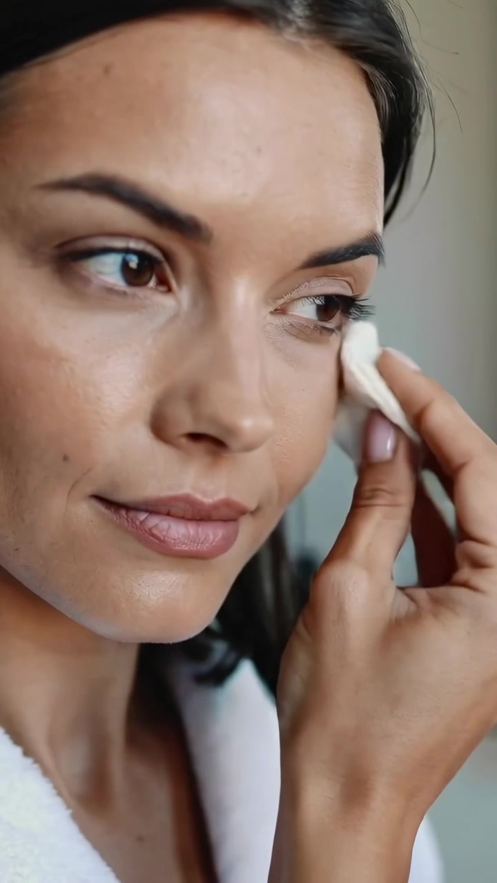 Vertical video: Starting facial at vanity, woman in white robe wiping right face with cotton pad
