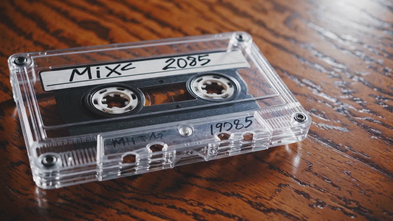 A vintage cassette tape labeled 'Mix 2085' on a wooden table, captured from a high-angle