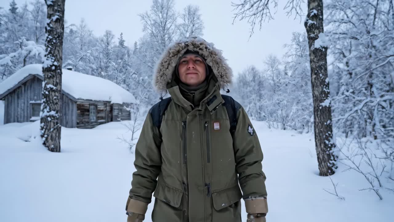 Mężczyzna na rakietach śnieżnych zmierzający w stronę rustykalnej chaty w ośnieżonym zimowym lesie