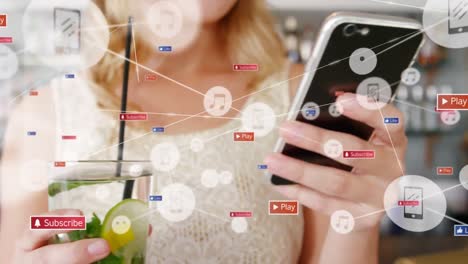 Animation-of-network-of-connetcions-with-icons-over-caucasian-woman-using-smartphone