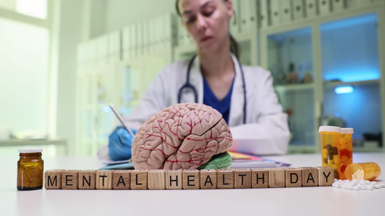 Mental Health Day with Brain Model and Doctor in Clinic
