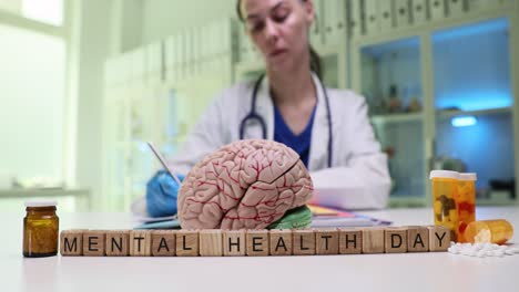 mental health day with brain model and doctor in clinic