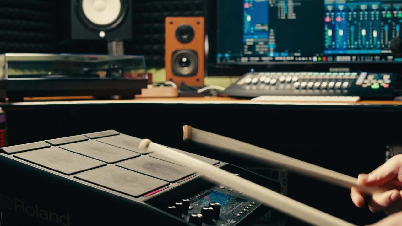 드럼 연주자는 음악 스튜디오에서 전자 드럼 키트를 연주하고, 리허설실에서 사운드 엔지니어와 함께 음악을 녹음합니다. 타악기 드럼 악기를 연주하는 수업. 록 음악 콘서트.