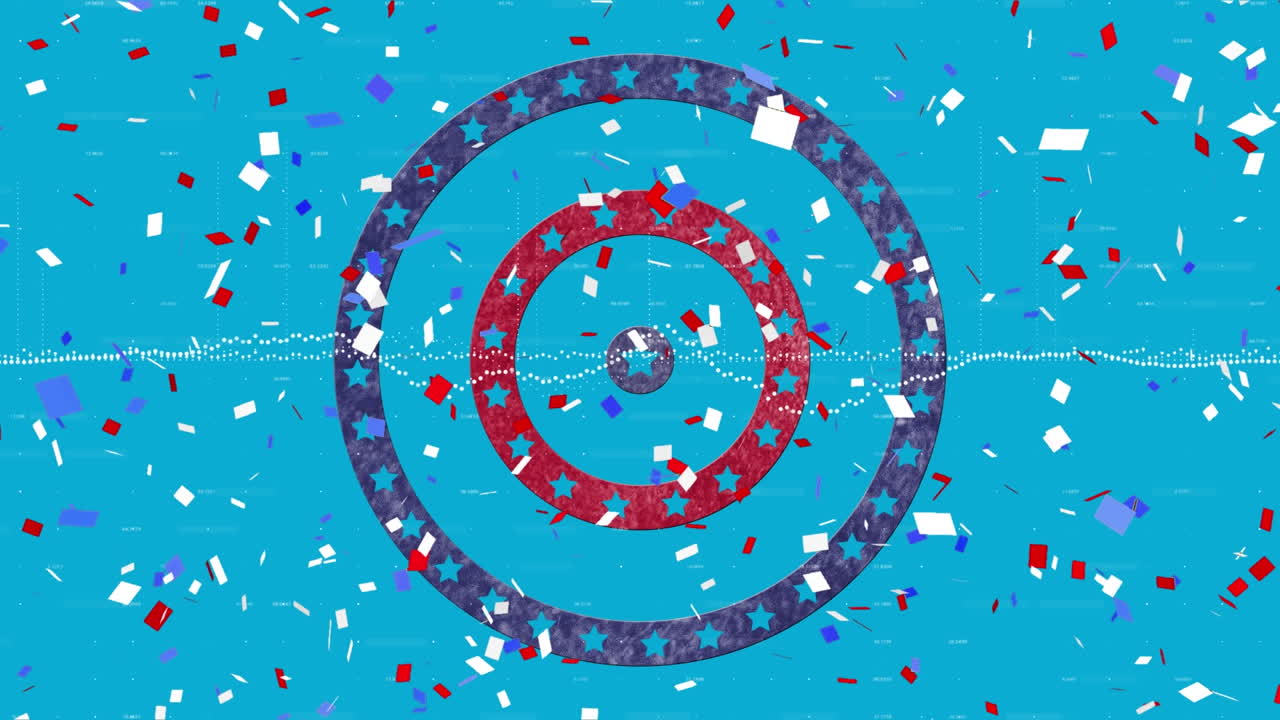 파란색 배경 에 회전 하는 원 에 있는 별 들 위 에 떨어지는 다채로운 콘페티