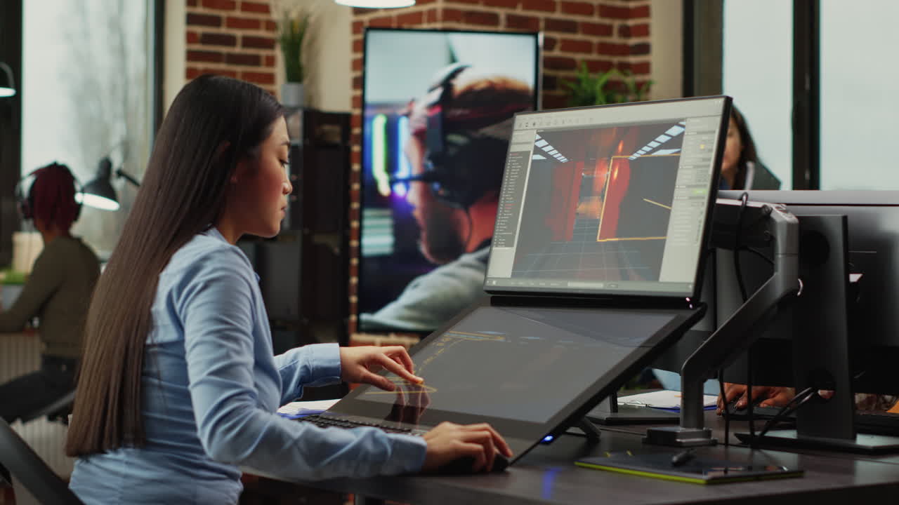 Asian game developer working in production department