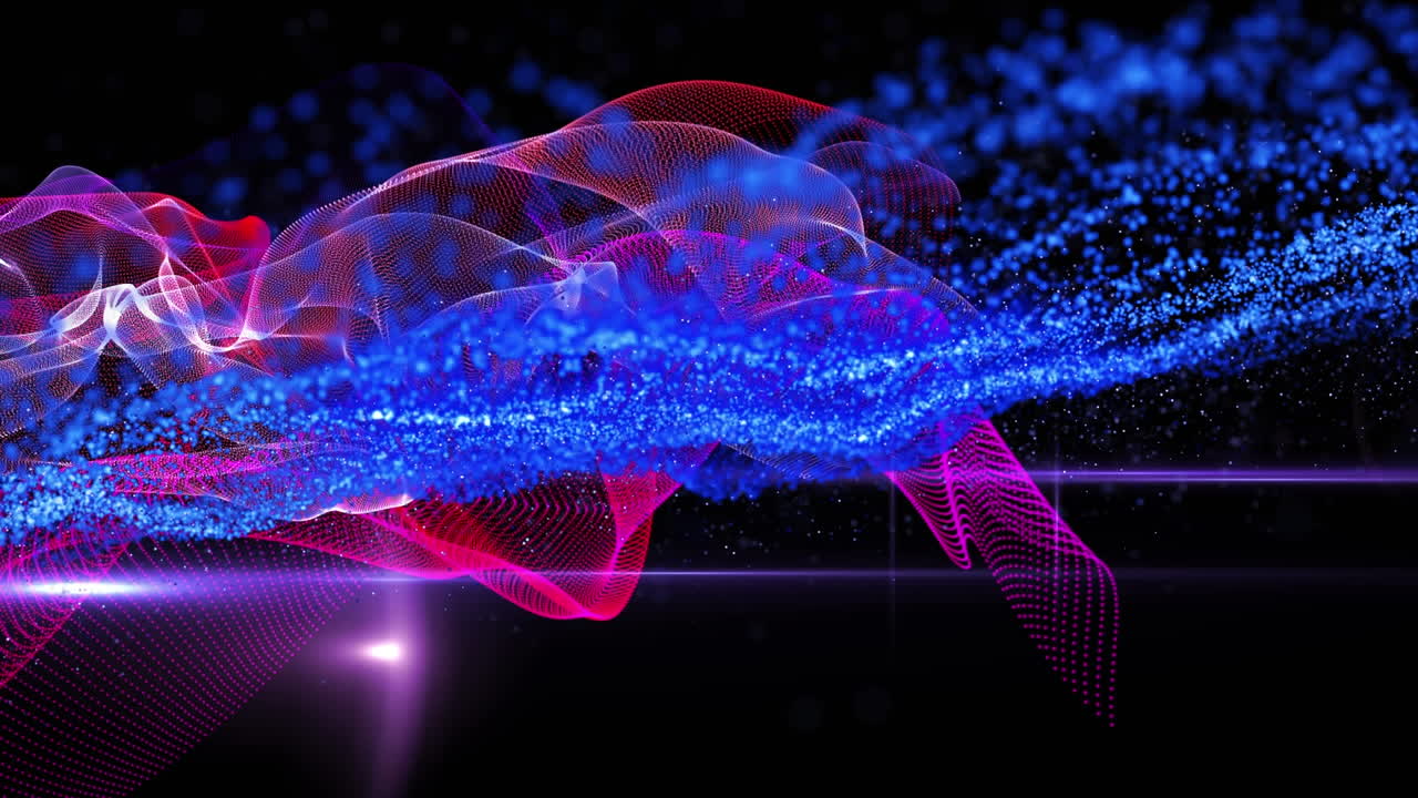 Animation of blue particle cloud and pink shapes moving on black background