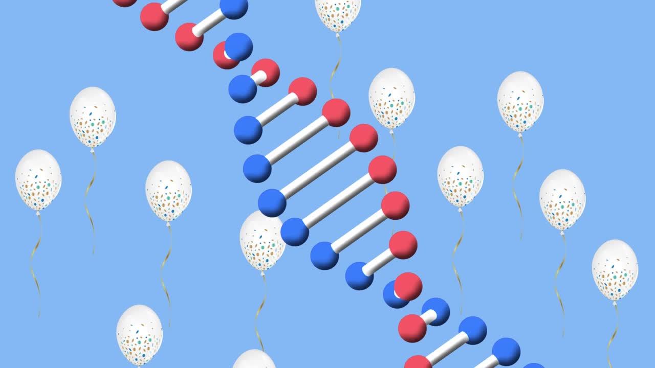 Animazione di icone a palloncino e di un filamento di DNA su sfondo blu.