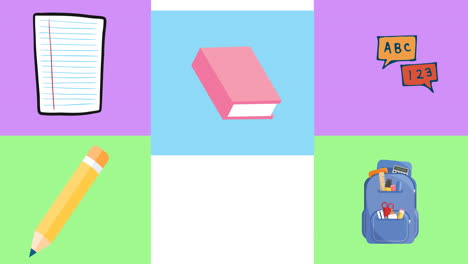 animación de rectángulos coloridos con suministros escolares que se mueven sobre un fondo blanco