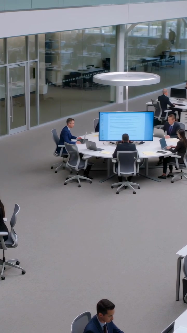 Video verticale: Telecamera che panoramica mostrando un team in abiti eleganti che esamina uno schermo a un tavolo rotondo in ufficio