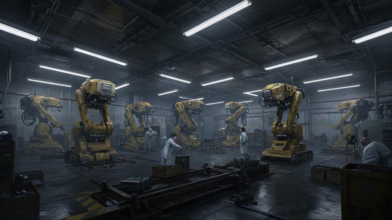 Industrial Scene Featuring Advanced Robotic Arms Engaged in Production Activities Inside a Dimly Lit Workshop with Workers in Protective Gear