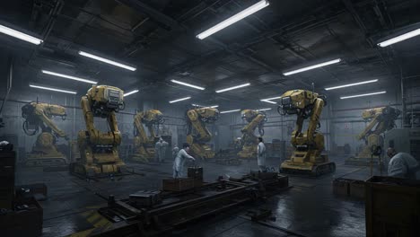 industrial scene featuring advanced robotic arms engaged in production activities inside a dimly lit workshop with workers in protective gear