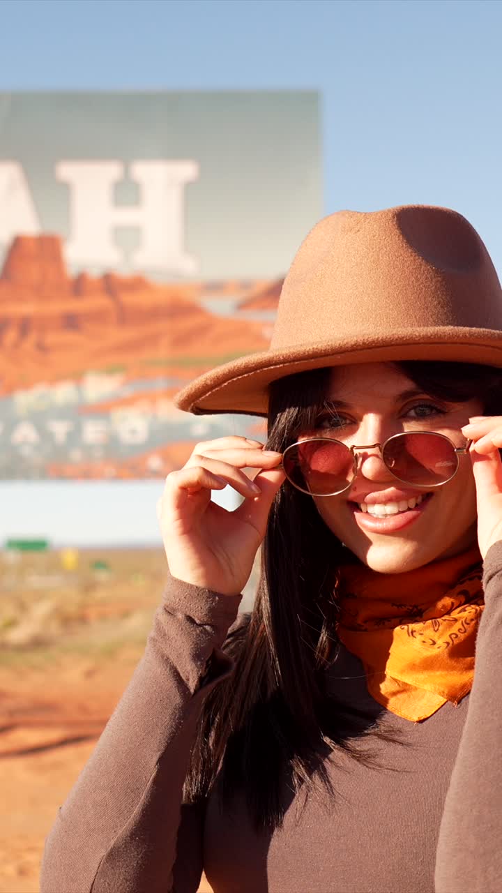 Giovane donna sorridente che sbircia da sopra gli occhiali da sole nel deserto dello Utah
