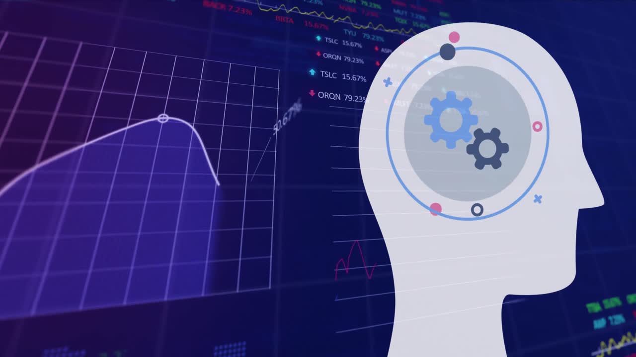 Animation of mechanical gears in circles on human representation over graphs and trading boards