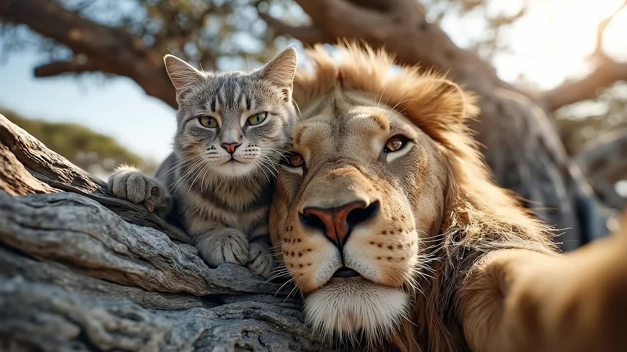 Un gatto e un leone sdraiati sopra un albero