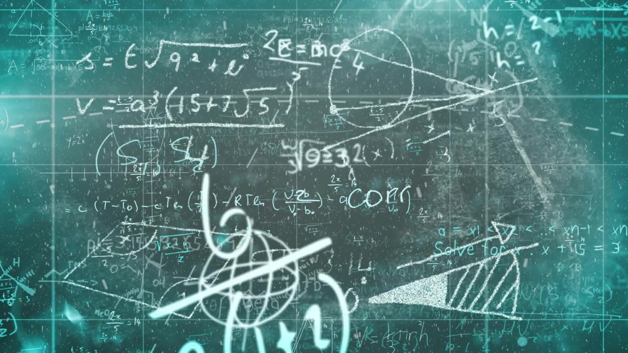 Teal glow initiating math grid evolving, revealing equations, shaded wedge and sphere for education