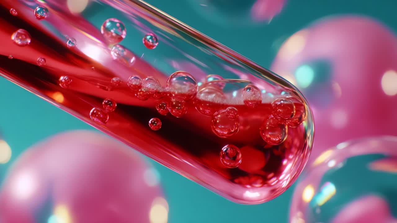 A close-up view capturing the mesmerizing details of a test tube filled with a vibrant red liquid and dynamic bubbles, beautifully contrasting against a colorful background of translucent bubbles