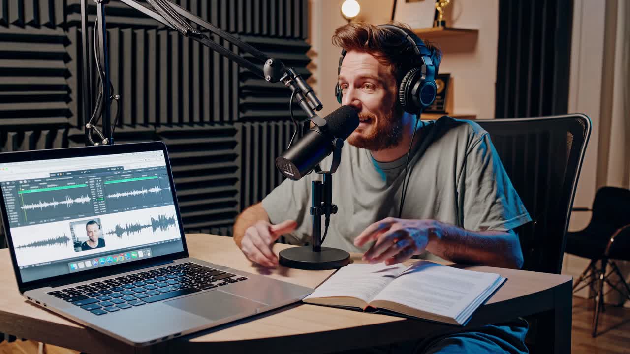 A man records a podcast in a soundproof studio. Side angle captures a laptop, microphone, and book