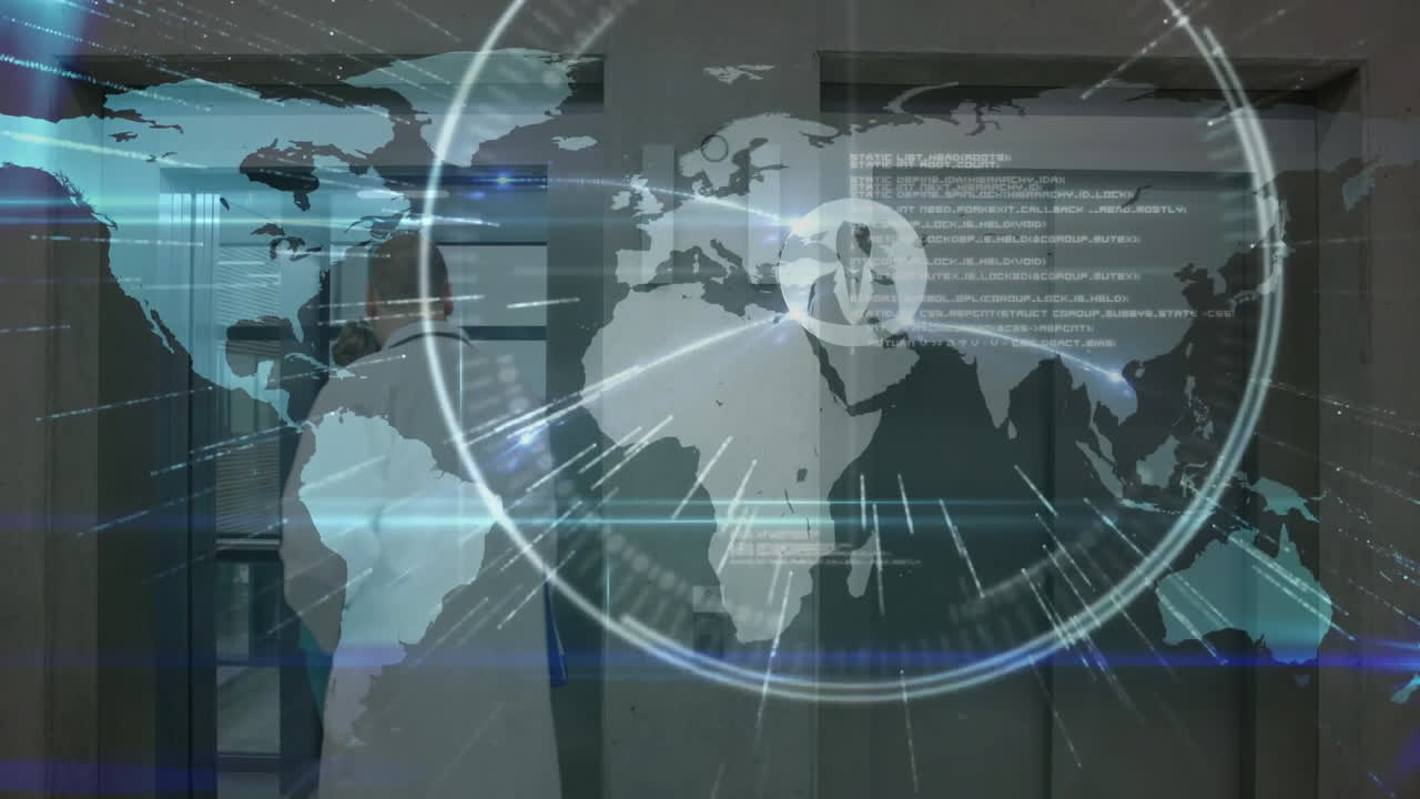 World map and data processing animation over people in office setting