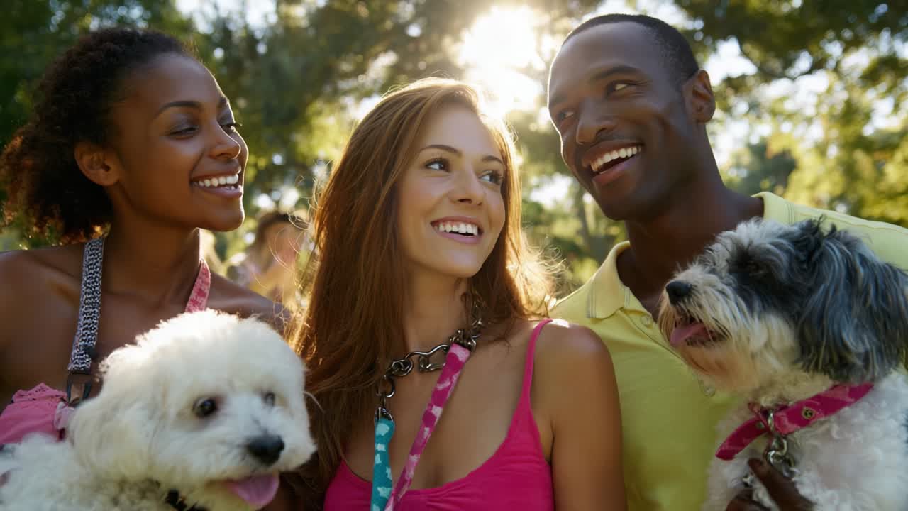 Amigos e seus cachorros aproveitando um dia ensolarado