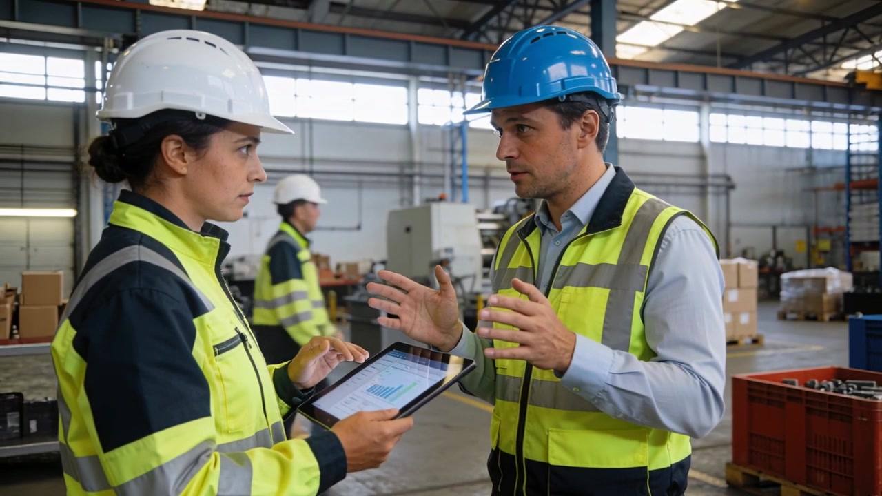 Explaining engineer responding to tablet chart while tech holding tablet in plant with hivis vests