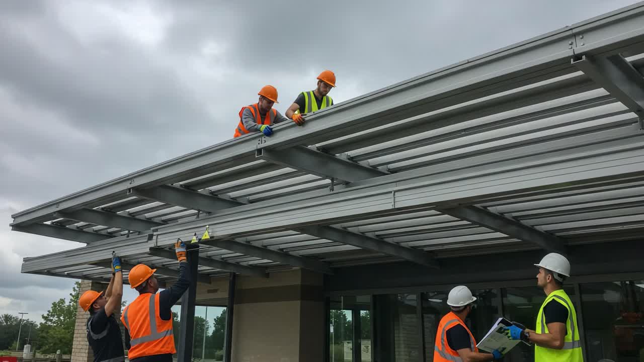 Construction Workers Collaborating on Roof Installation, Attending to Metal Framework and Safety Precautions During Overcast Daytime Environment