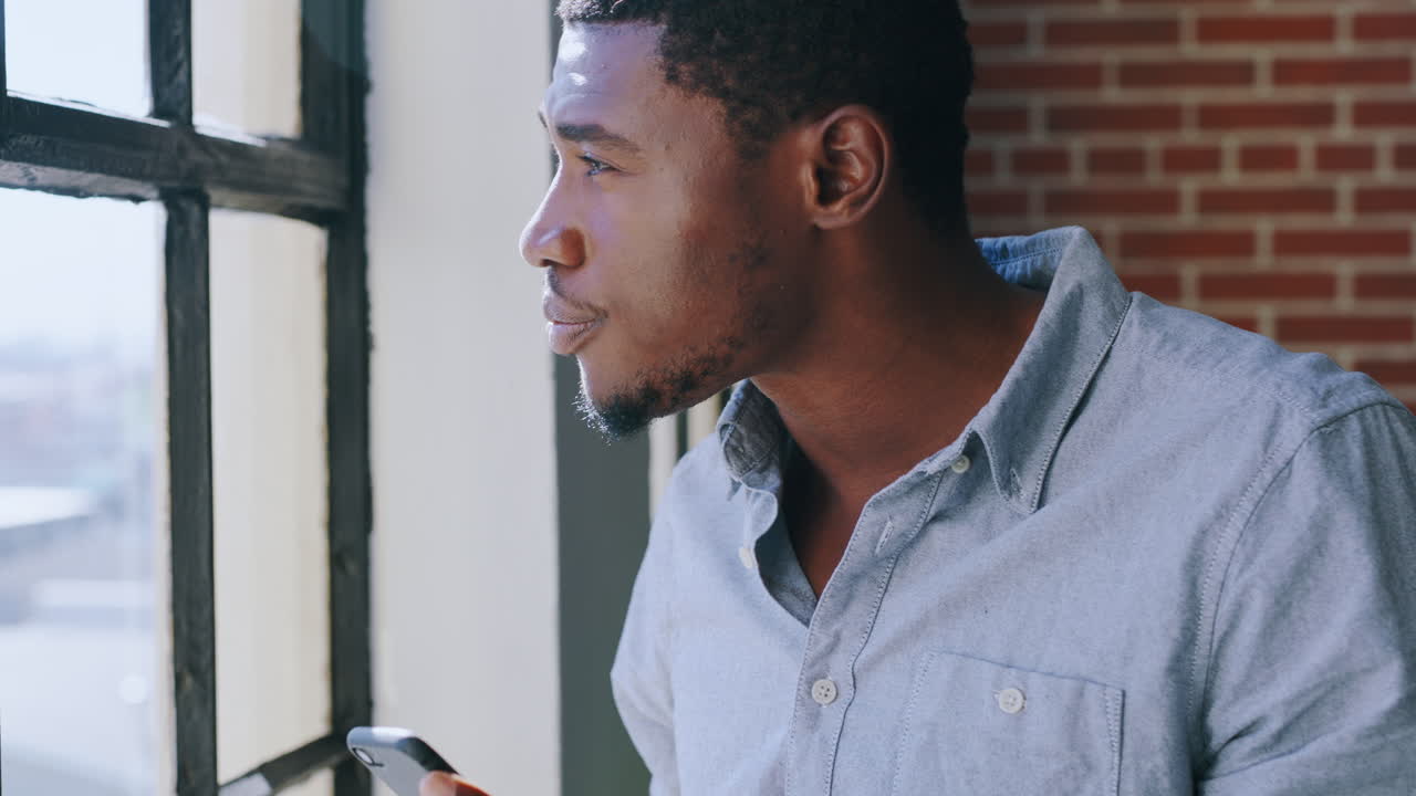 Coffee, window and man with phone reading digital