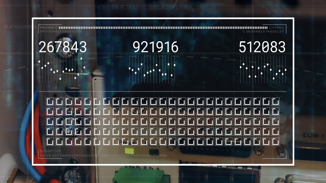 Animation of interface with data processing against close up of a computer server