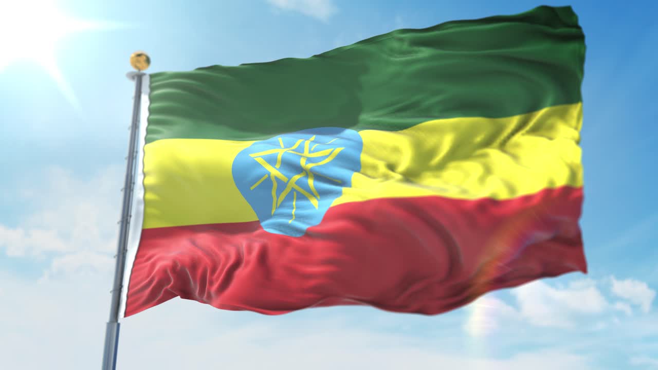 Illustrazione 3D 4K della bandiera sventolante del paese Etiopia su un'asta.