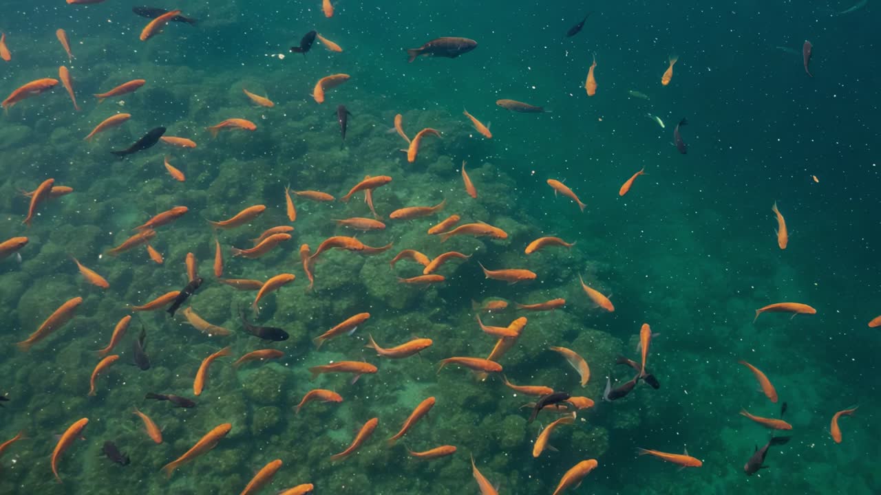 Vibrant Underwater Scene: A Diverse School of Colorful Fish Swimming Above Coral Reefs in Clear Waters, Capturing the Beauty of Marine Life and Ecosystems