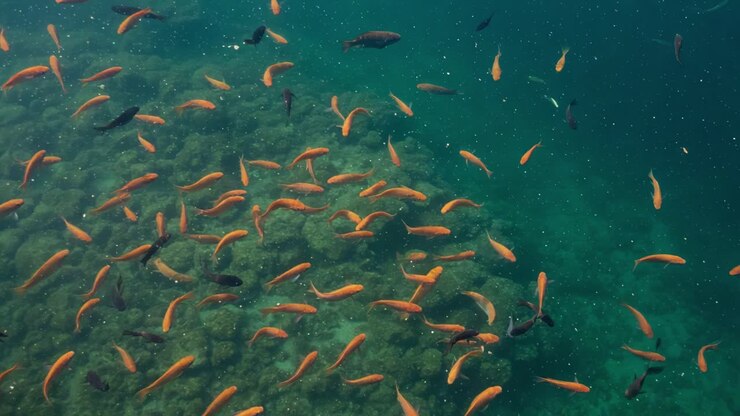 Vibrant Underwater Scene: A Diverse School of Colorful Fish Swimming Above Coral Reefs in Clear Waters, Capturing the Beauty of Marine Life and Ecosystems