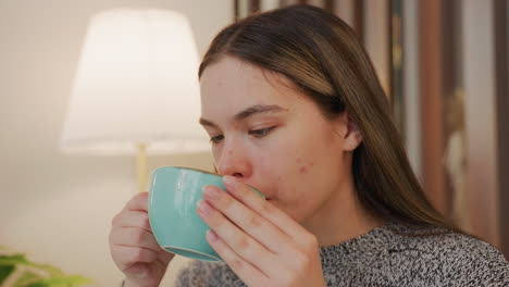 young lady seated comfortably sipping chocolate drink with satisfaction and relief on face, eyes gently closed in relaxation, with lamp stand glowing warmly, green plant decor and phone on table