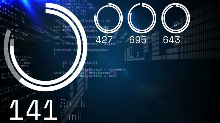 Animation of interface with data processing and light spots against blue background