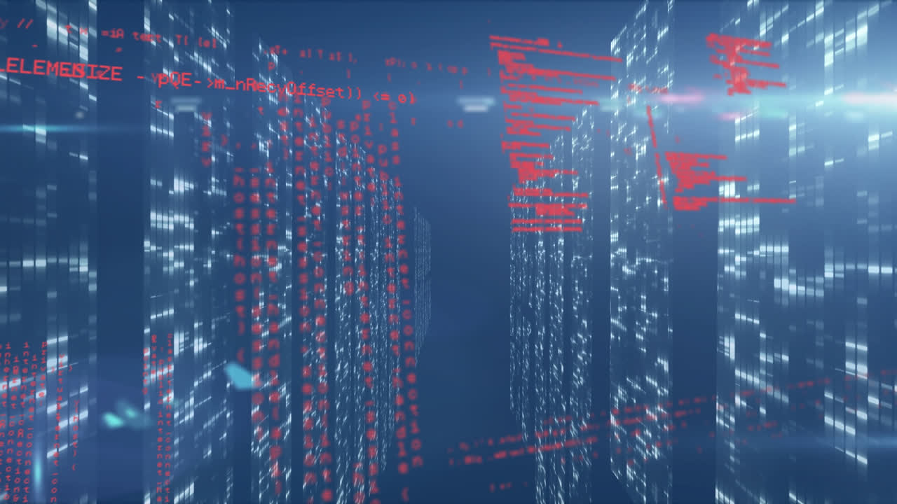 Animation of data processing on navy background with lights