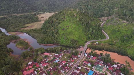 drone aerial view of indonesian town city village near padang west sumatra