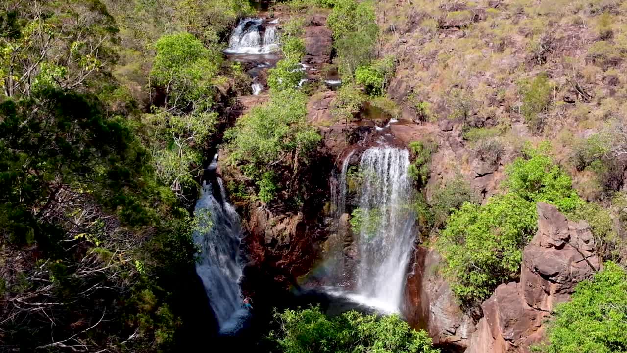 Stunning Aerial View of Lush Waterfalls in Tropical Rainforest