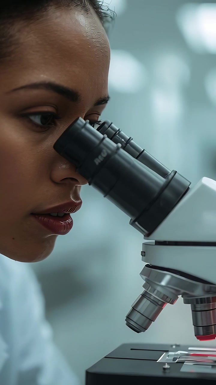 Vertical video: Peering woman in lab coat examining red-lit slide on microscope at lab for analysis