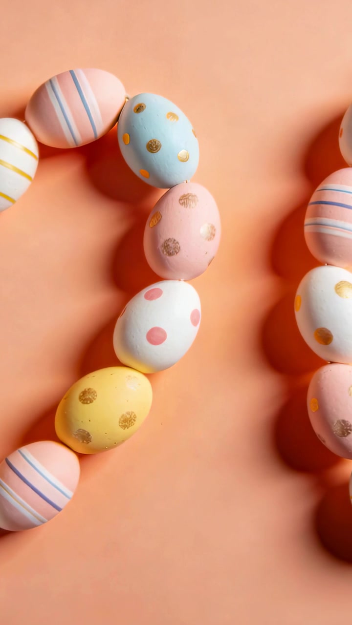 Panning camera upward over peach tabletop after framing shift, centering pastel egg chain