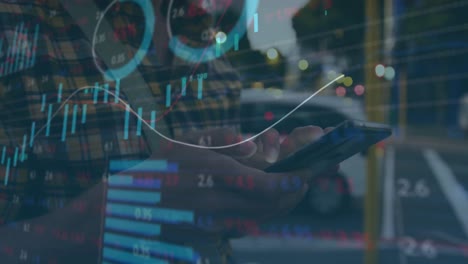 animation of multiple graphs and trading board, midsection of caucasian woman using cellphone