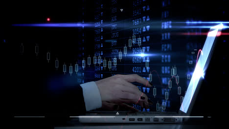 hand typing on laptop with futuristic interface