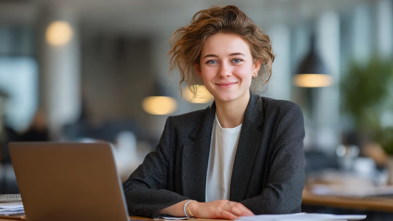 Un giovane professionista con ricci naturali che sorride e si dedica al lavoro in un ufficio moderno, dimostrando sicurezza e positività in un ambiente professionale