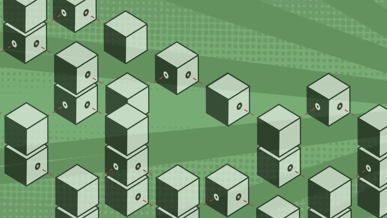 녹색 줄무 배경 위에 움직이는 3d 모양의 애니메이션