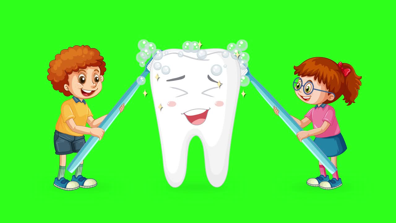 Two animated children clean a smiling cartoon tooth using oversized toothbrushes, creating foam and bubbles on a bright green background with playful, energetic movement