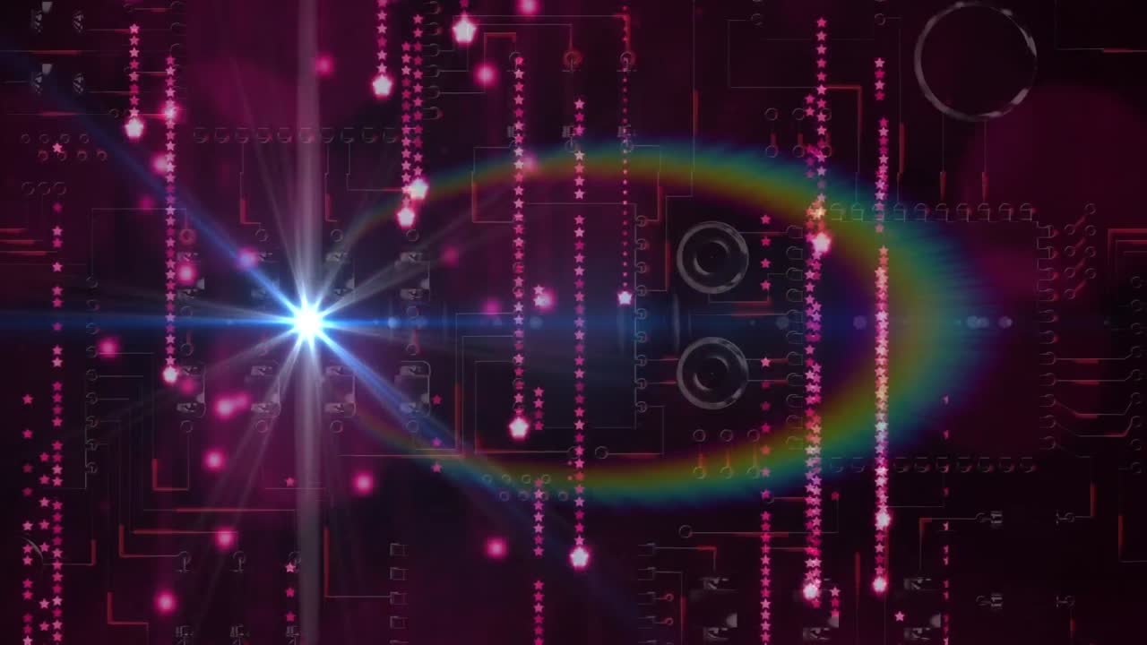 어두운 배경에 있는 처리 데이터 위에 떨어지는 반이는 분홍색 불빛의 애니메이션