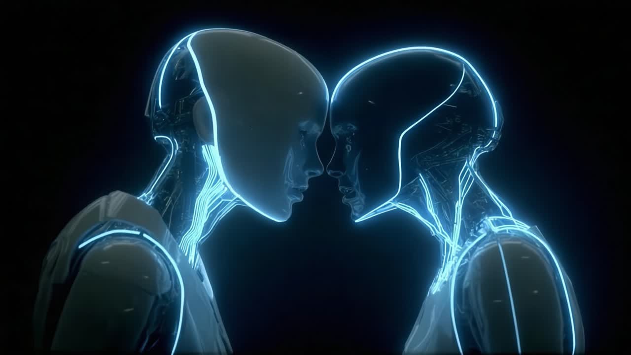 Un momento di connessione accattivante tra due robot futuristici con elementi luminosi, che incarnano la tecnologia avanzata e l'intelligenza artificiale in una rappresentazione visivamente straordinaria