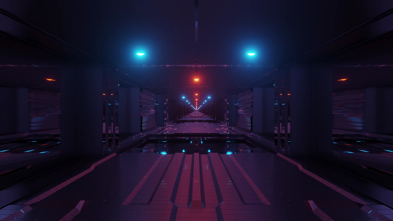 corridoio di tunnel spaziale sci-fi futuristico con luci luminose e finestre di vetro e fondo