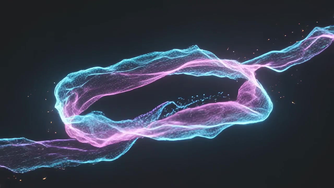 Entering cyan and magenta ribbons crossing wrapping, forming braided torus at void, spraying sparks