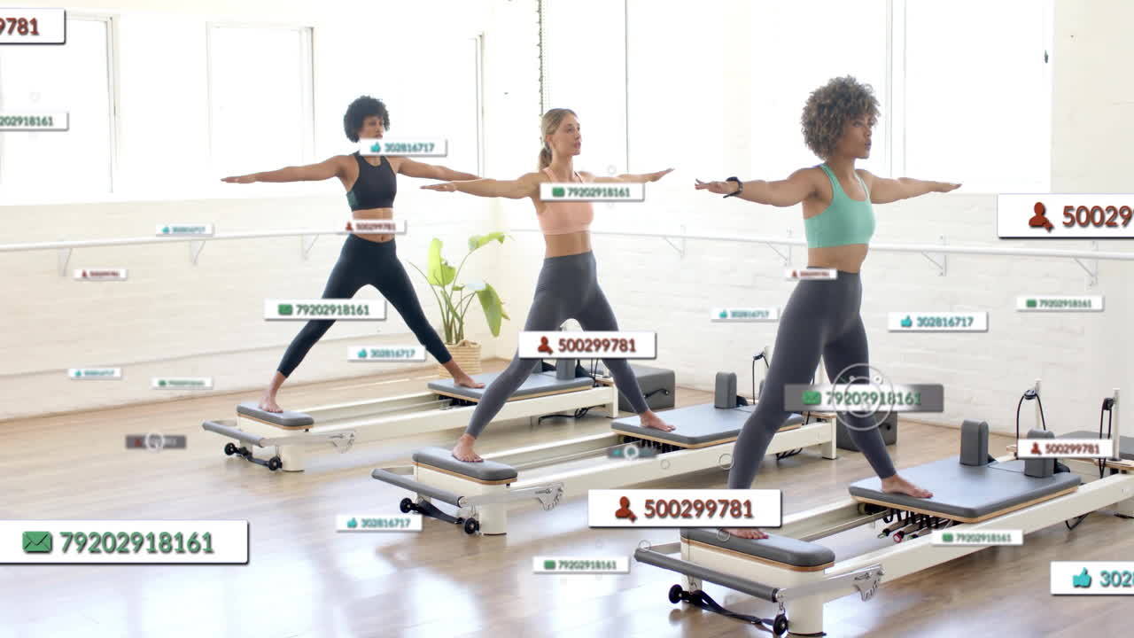 밝은 스튜디오에서 필라테스를 연습하는 여성에 대한 소셜 미디어 참여 애니메이션