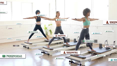 social media engagement animation over women practicing pilates in bright studio